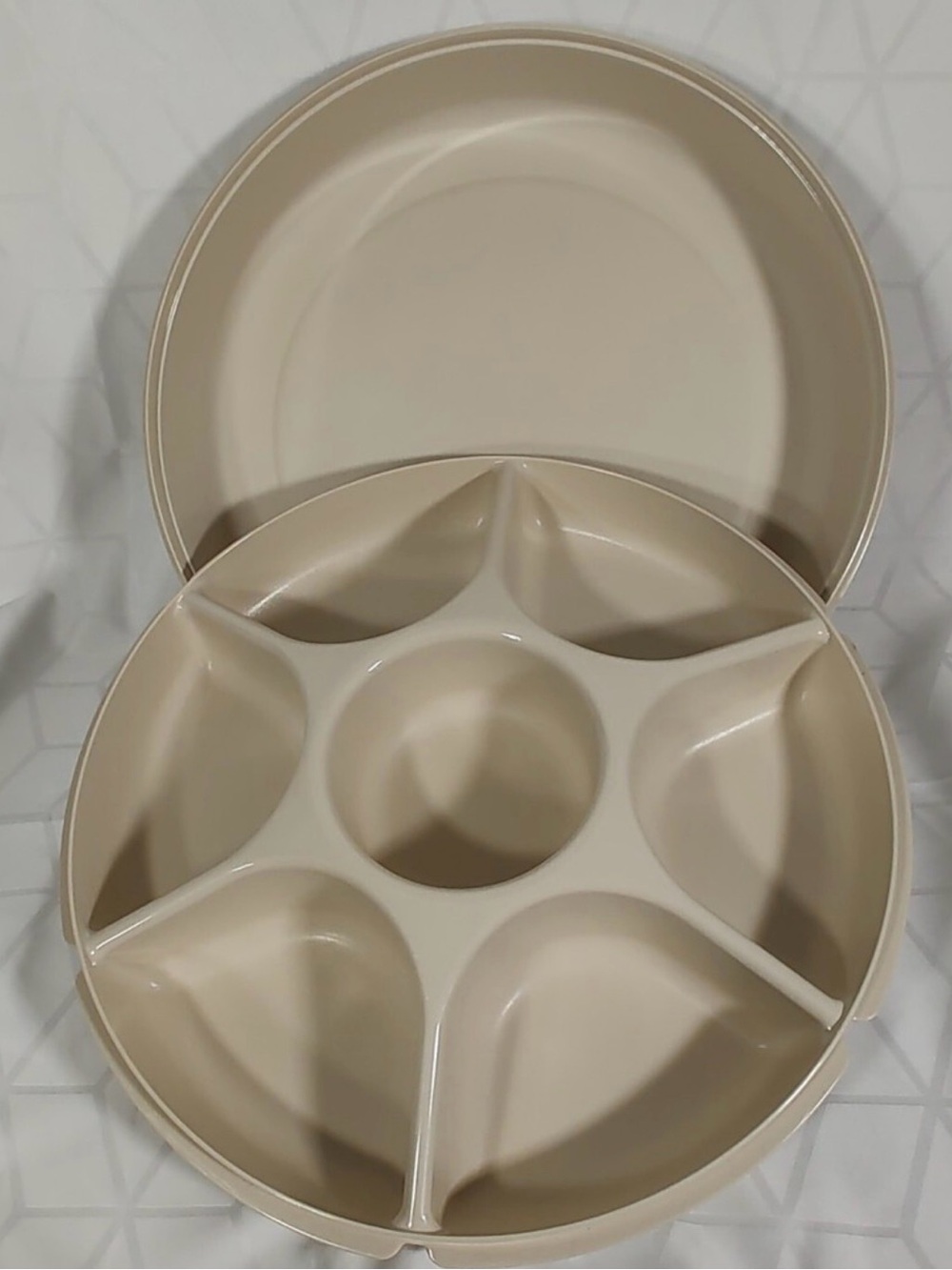 Vintage Tupperware Almond Cream Round Divided Party Tray with Lid